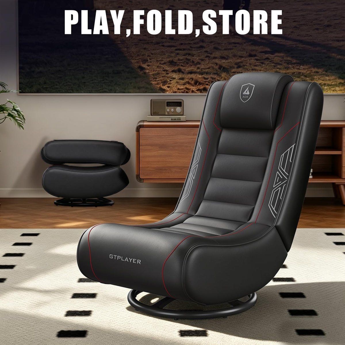 GTPLAYER Floor Gaming Chair Foldable Swivel Floor Chairs for Kids Boys Comfy Video Game Seat with 360Â° Multipurpose for Gamers, Bedroom or Game Room(Black-Blue)