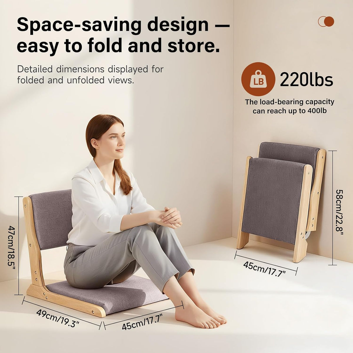 Tiita 2-Pack Foldable Meditation Floor Chairs with Back Support, Wood Grey