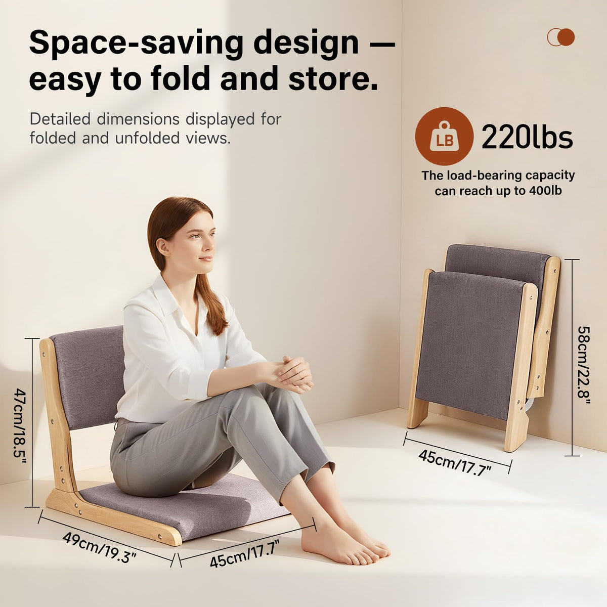 Tiita 2-Pack Foldable Meditation Floor Chairs with Back Support, Wood Grey