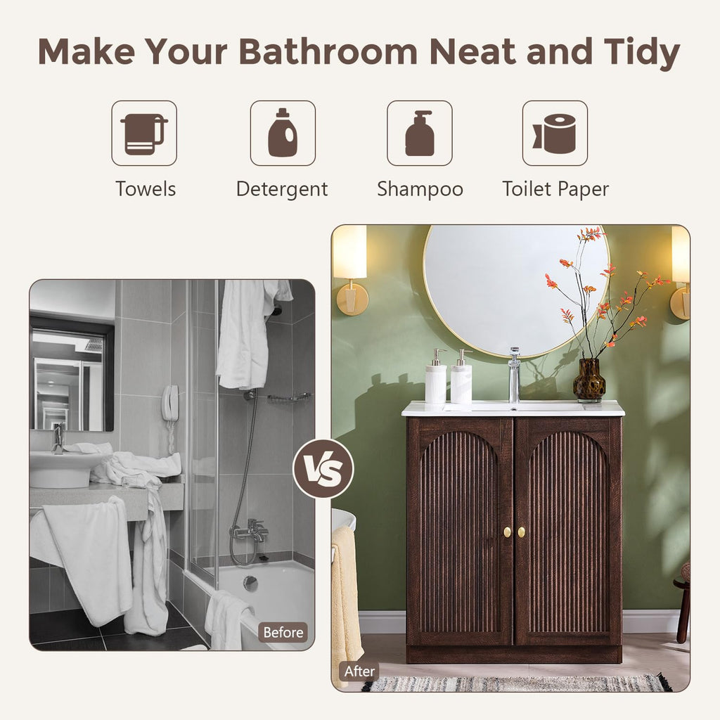 IFBUY 30 Inch Arched Bathroom Vanity with Sink, Fluted Design, Natural Oak