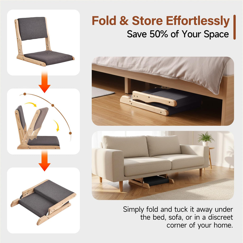 Tiita 2-Pack Foldable Meditation Floor Chairs with Back Support, Wood Grey