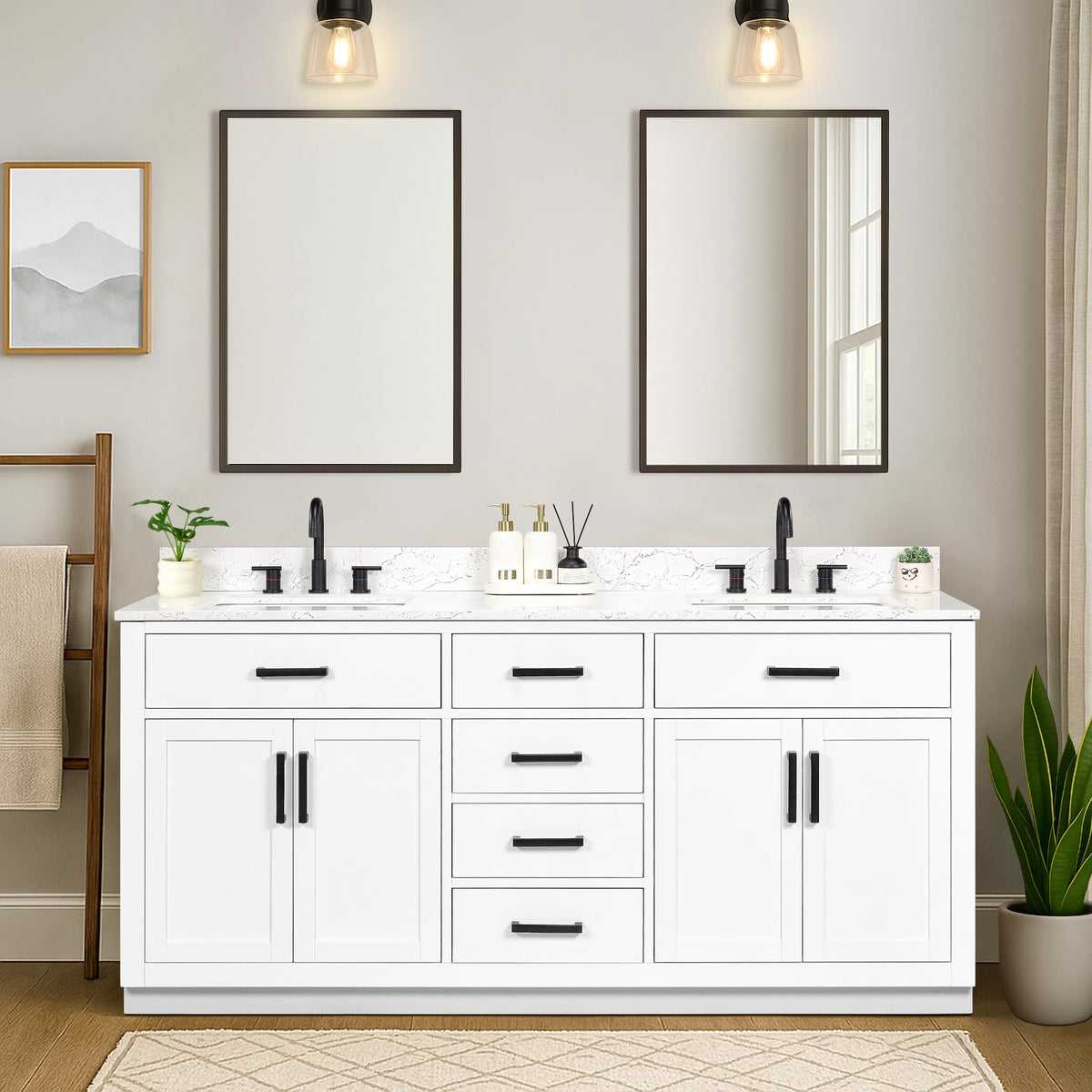 48-inch Dark Walnut Bathroom Vanity with Sink, Solid Wood, 0.79-inch Stone Countertop and Backsplash, 9 Drawers, 2 Soft Closing Doors