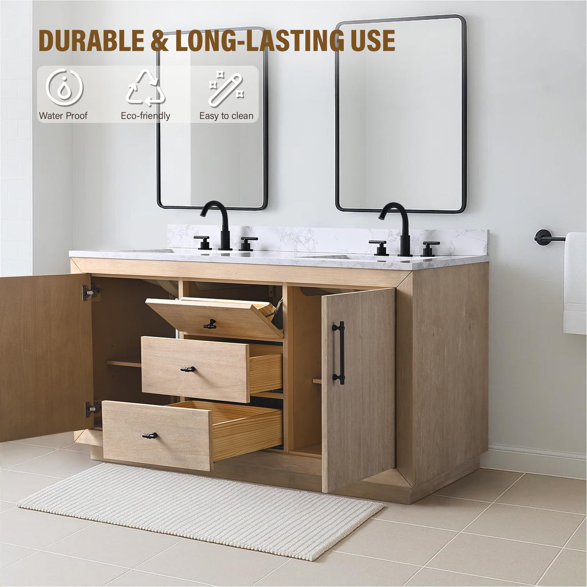 HOMEBEYOND 72" Bathroom Vanity with Double Sink & Ceramic Top, MDF Material Vanity Cabinet with Basin Combo, Soft-Closing Doors, Removable Shelf, Backsplash, Tan