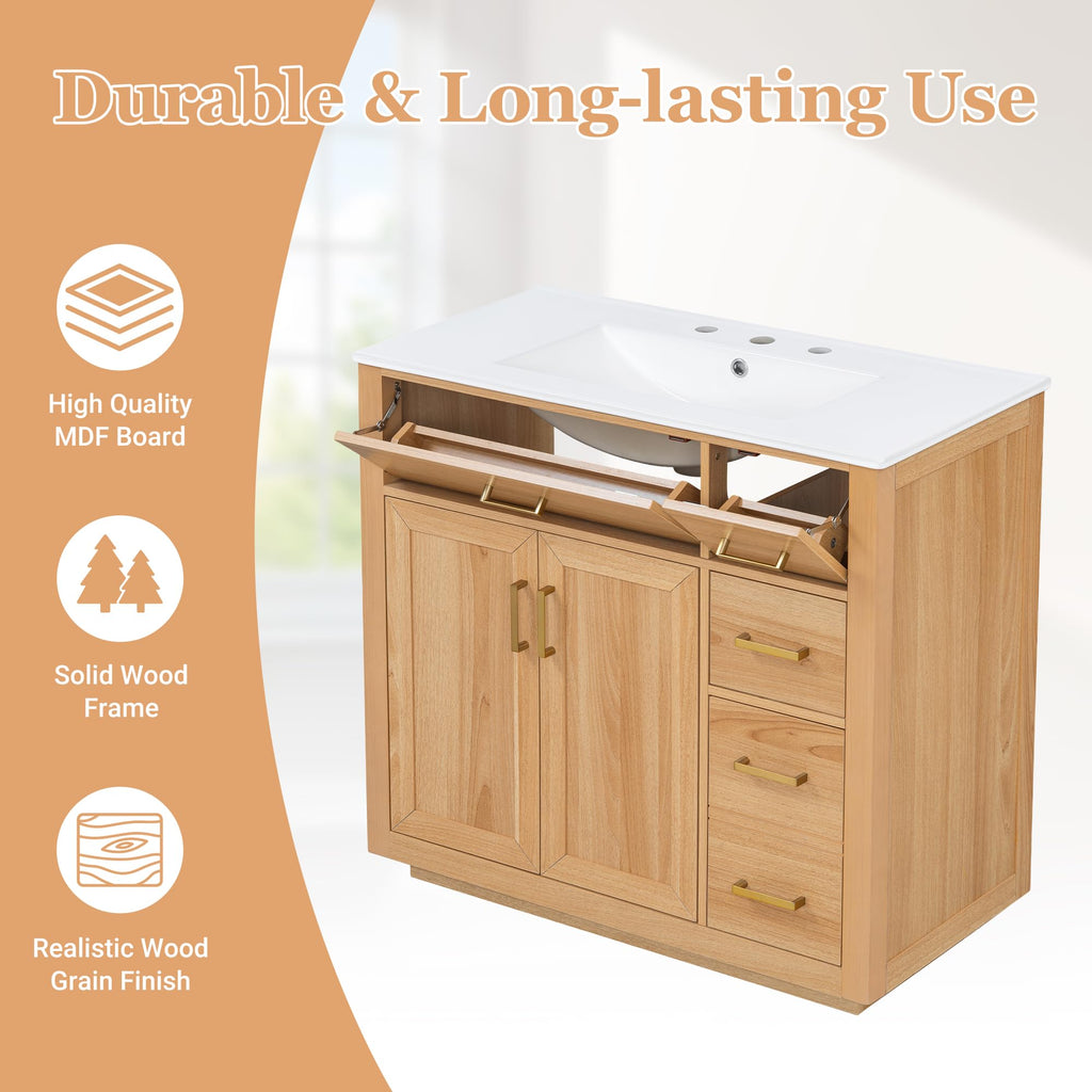 36 Inch Bathroom Vanities with Undermount Ceramic Sink, Storage Cabinet with Soft Closing Doors and Three Drawers, Solid Wood Frame, Natural Wood