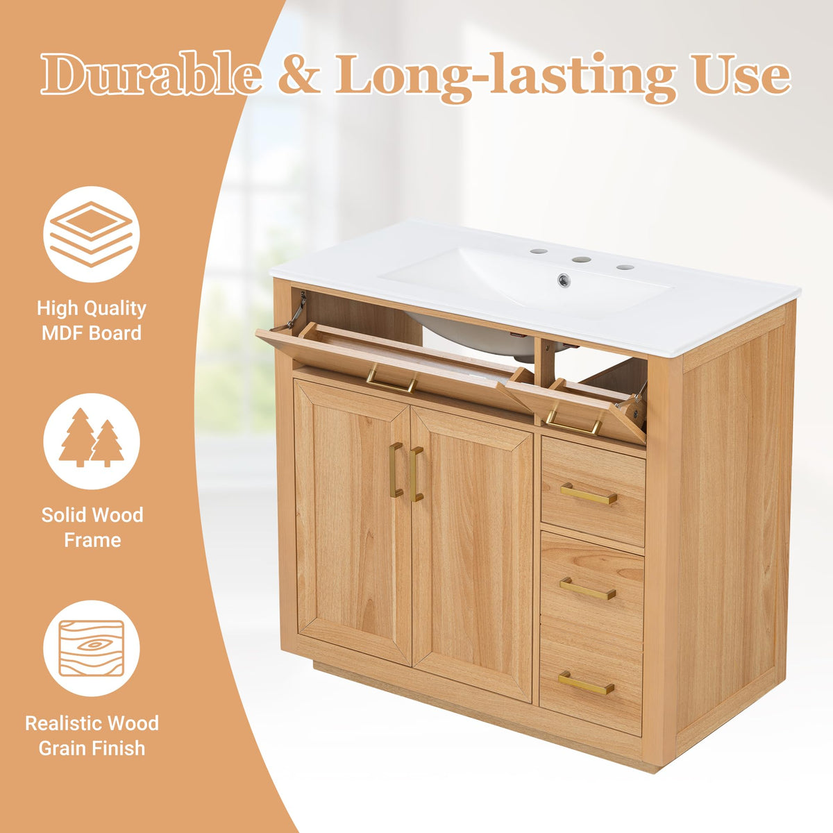 36 Inch Bathroom Vanities with Undermount Ceramic Sink, Storage Cabinet with Soft Closing Doors and Three Drawers, Solid Wood Frame, Natural Wood