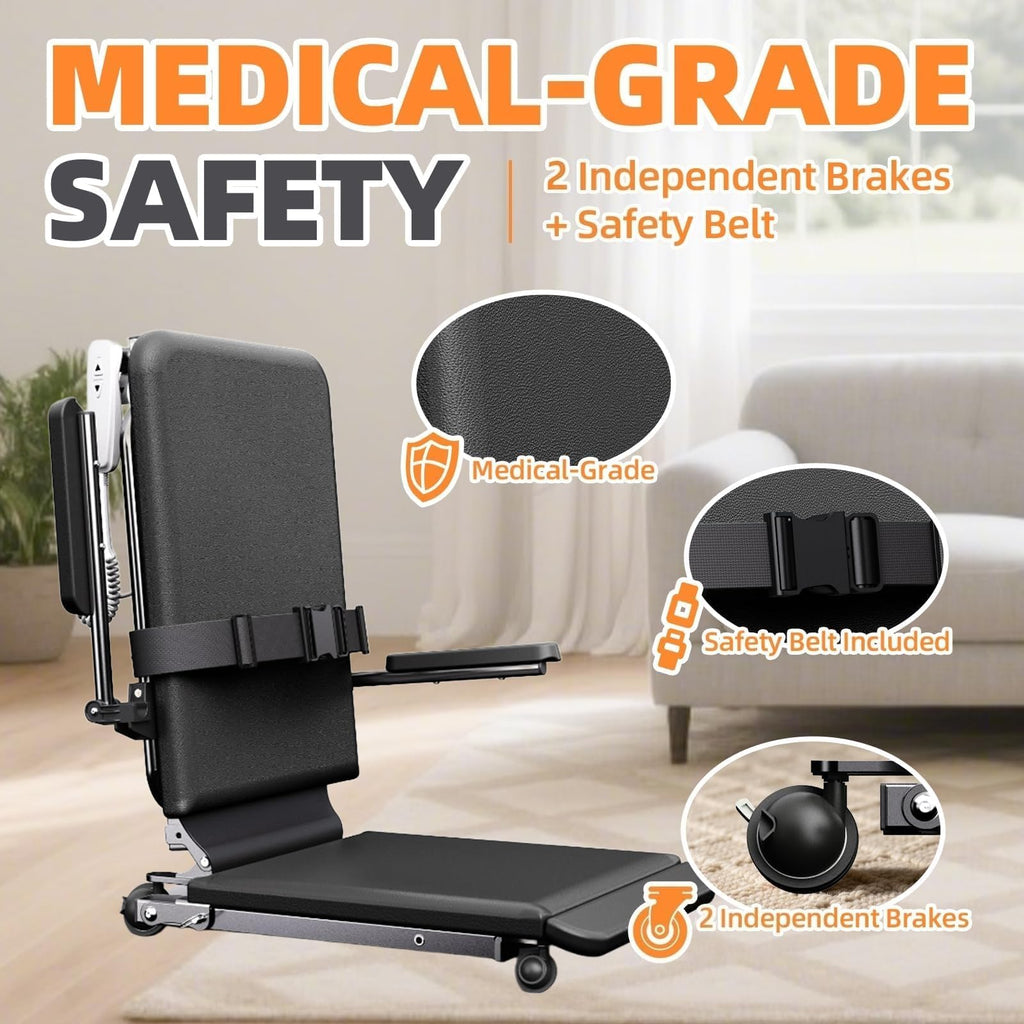 Upgrade Steel Electric Lift Chair with Advanced Wheels and PU Cushion, Floor Lift for Elderly, Support Up to 400 LBS, Safety Seat Belts and Handrails, Suitable for Home or Care Facilities Use, Black