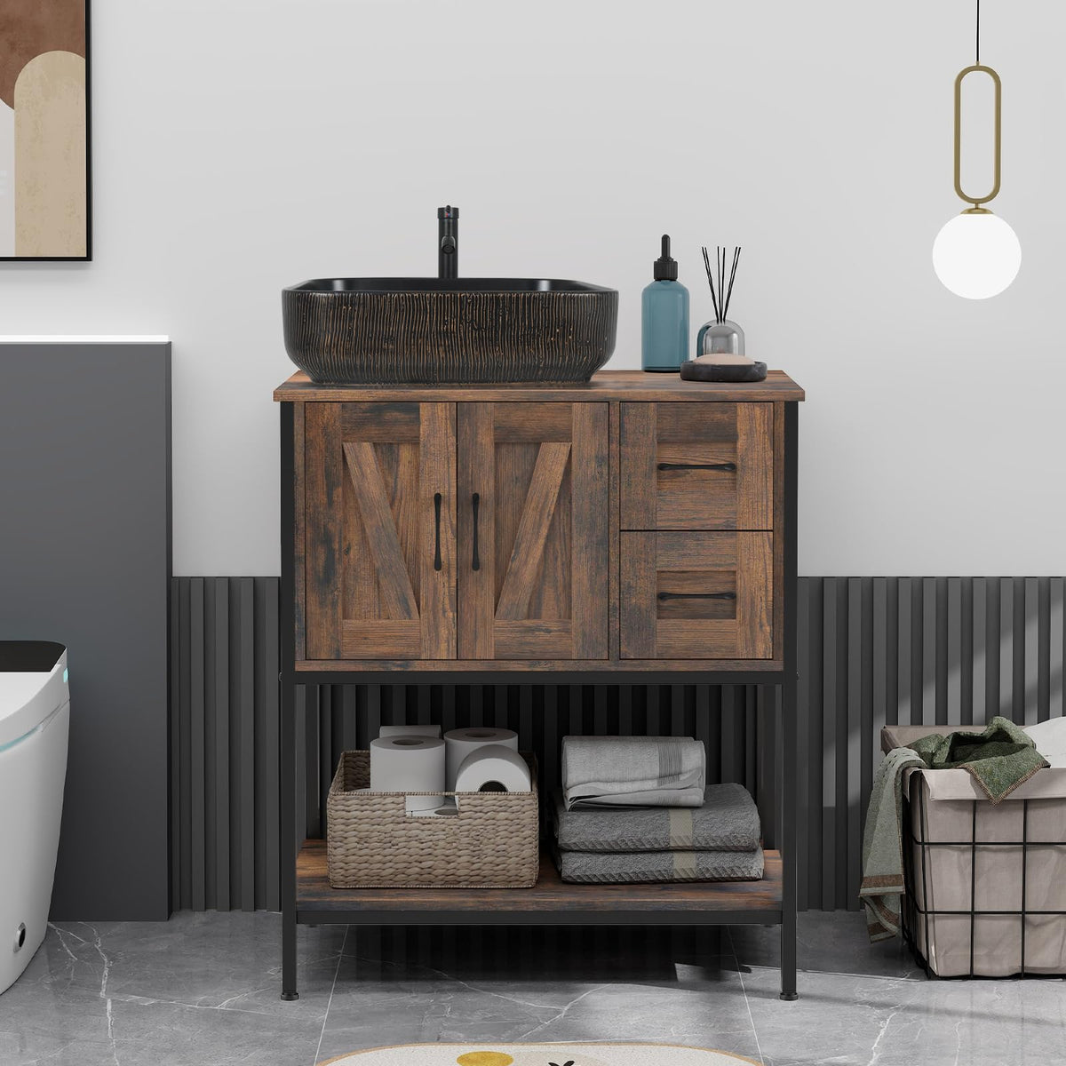 YOURLITE 36-Inch Farmhouse Bathroom Vanity with Vessel Sink, Rustic Brown
