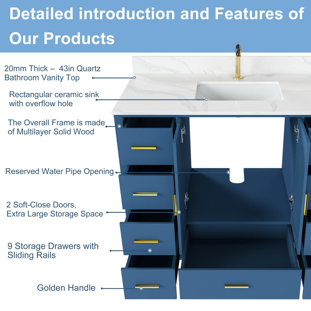 60" Bathroom Vanity Single Sink with 3 Hole, Sink Bathroom Vanity with Solid Wood Frame Storage,Soft Close Double Doors & 9 Sliding Drawers, with Gold Accents
