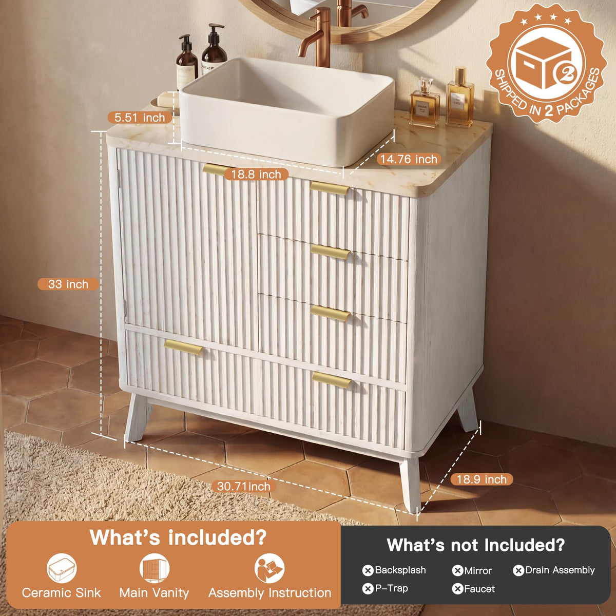 Concho 31'' Fluted Bathroom Vanity with Ceramic Sink Natural Oak