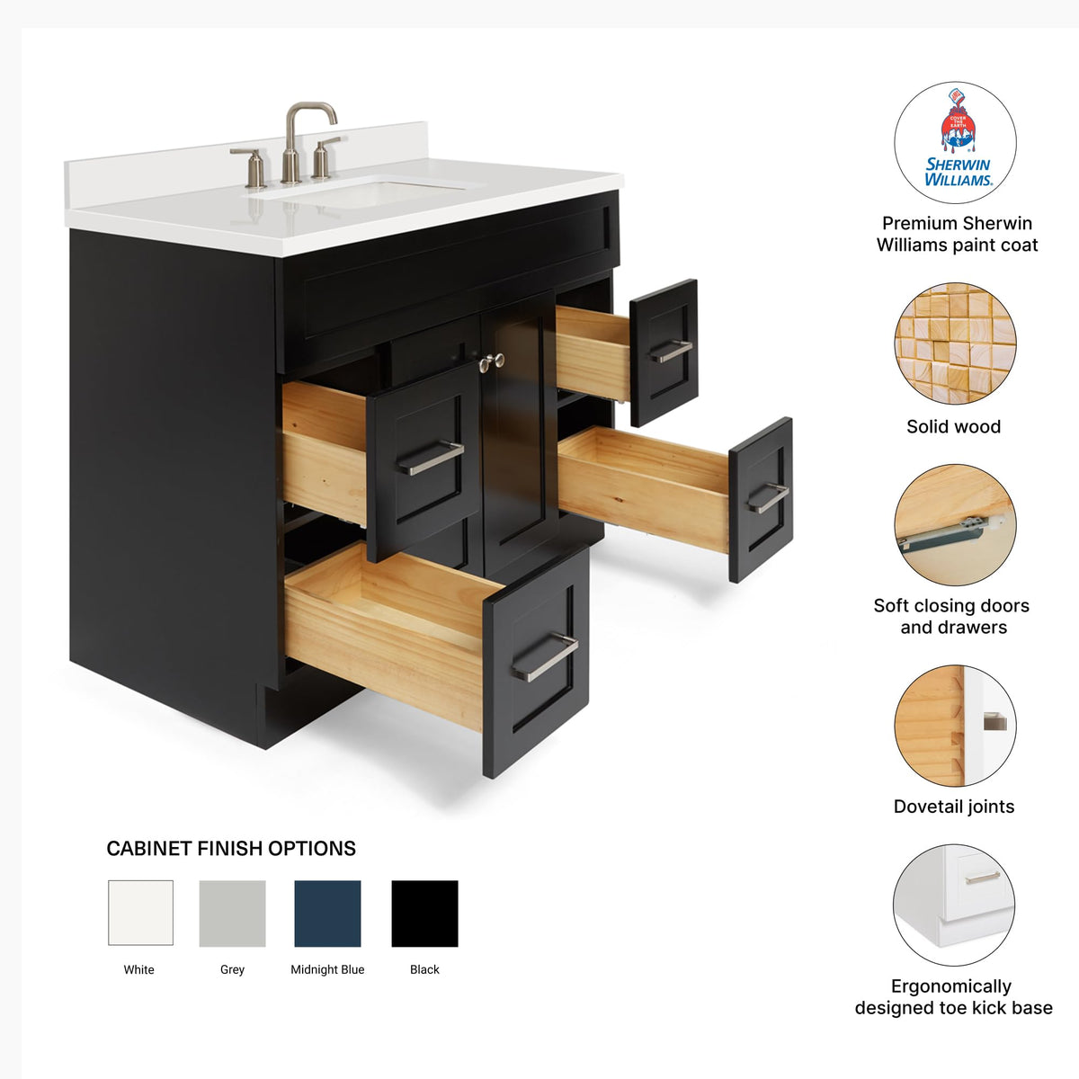 DKB Beckford 42-Inch White Bathroom Vanity with Sink, Solid Wood Base Cabinet, 1.5" White Quartz Countertop, Rectangular Sink, 2 Soft Closing Doors, 9 Drawers