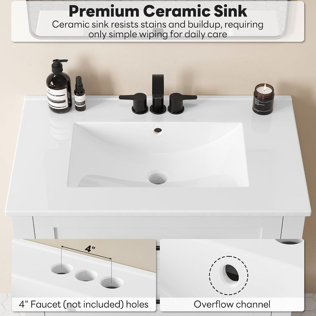 LIKIMIO 30" Bathroom Vanity with Sink, 2 Drawers & Open Shelf, White