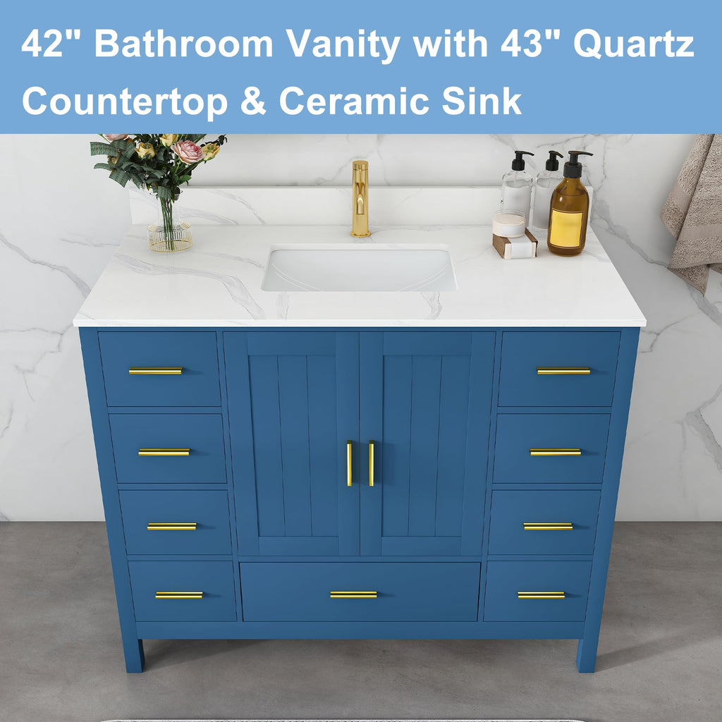 60" Bathroom Vanity Single Sink with 3 Hole, Sink Bathroom Vanity with Solid Wood Frame Storage,Soft Close Double Doors & 9 Sliding Drawers, with Gold Accents