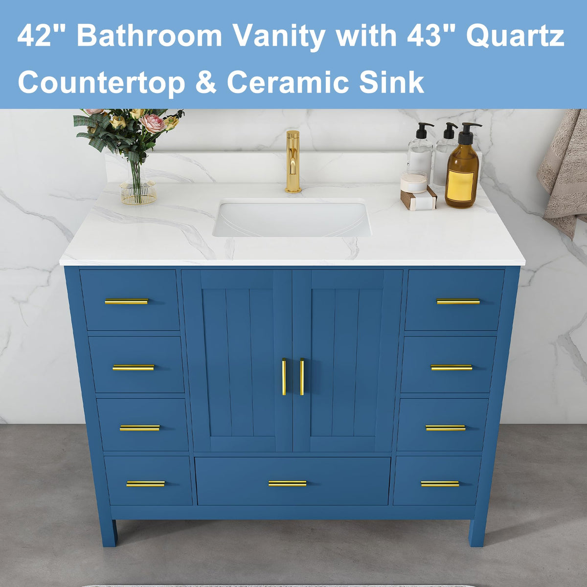 60" Bathroom Vanity Single Sink with 3 Hole, Sink Bathroom Vanity with Solid Wood Frame Storage,Soft Close Double Doors & 9 Sliding Drawers, with Gold Accents