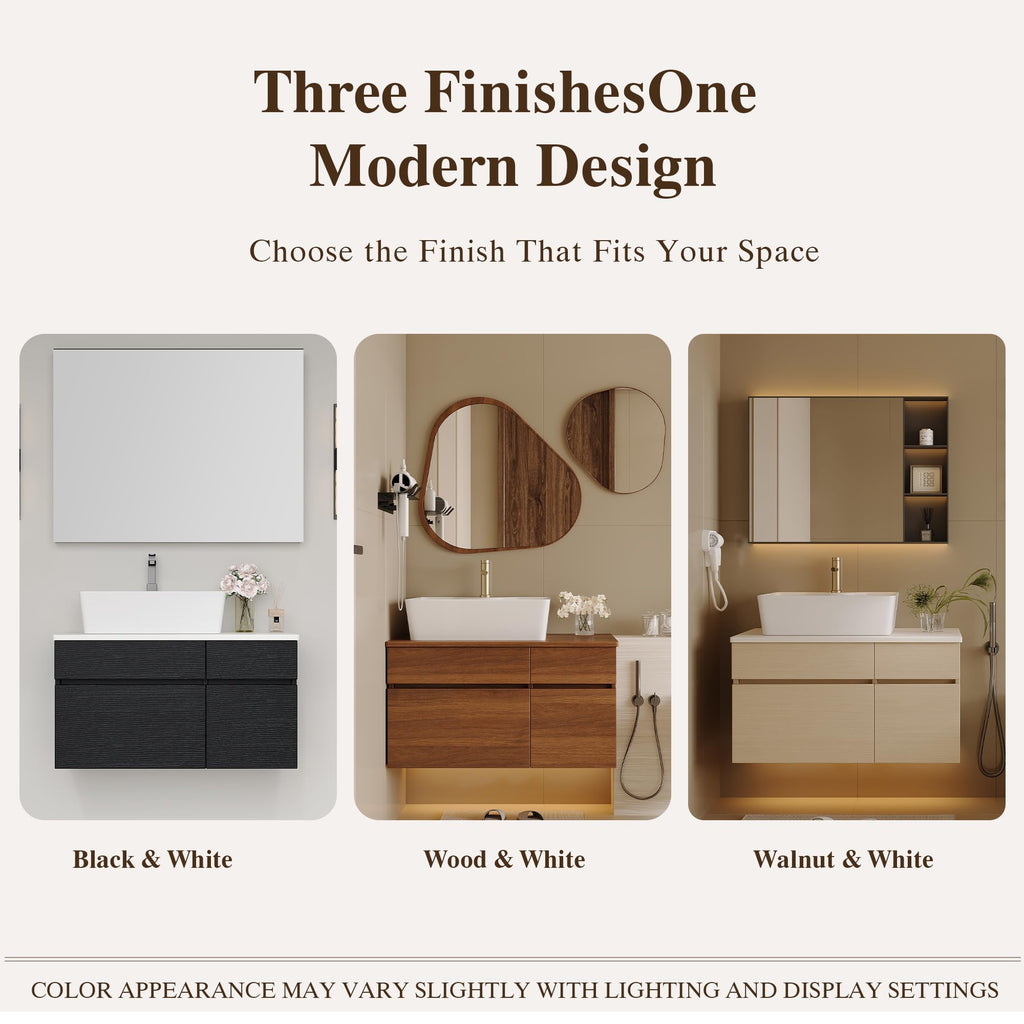 36 Inch Bathroom Vanity with Sink, Black Floating Wall Mounted Vanity