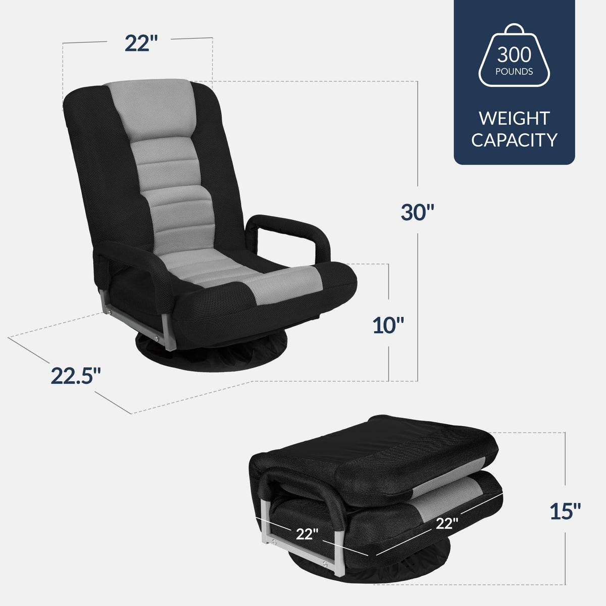 Best Choice Products Swivel Gaming Chair 360 Degree Multipurpose Floor Chair Rocker for TV, Reading, Playing Video Games w/Lumbar Support, Armrest Handles, Adjustable Foldable Backrest - Black/Black