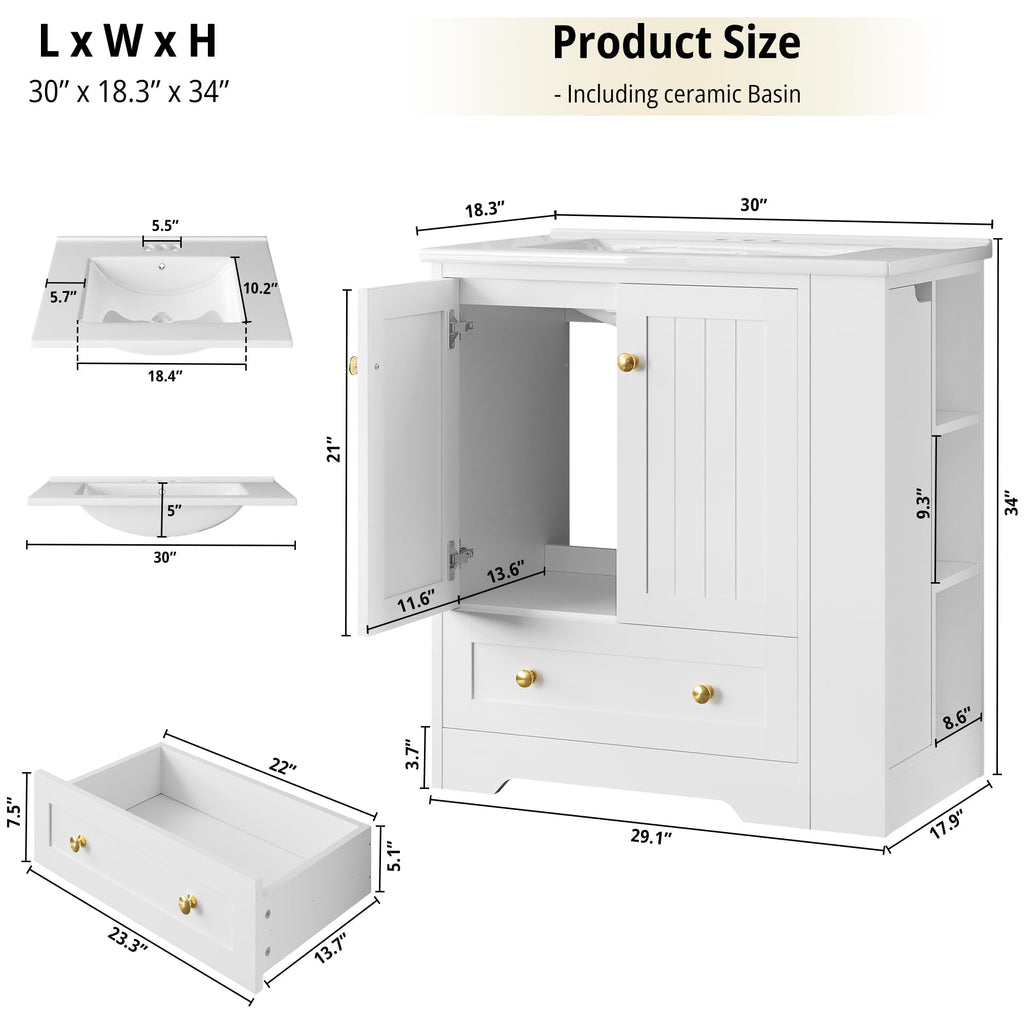 IRONCK Bathroom Vanity with Ceramic Sink, 30" Bathroom Cabinet, Black