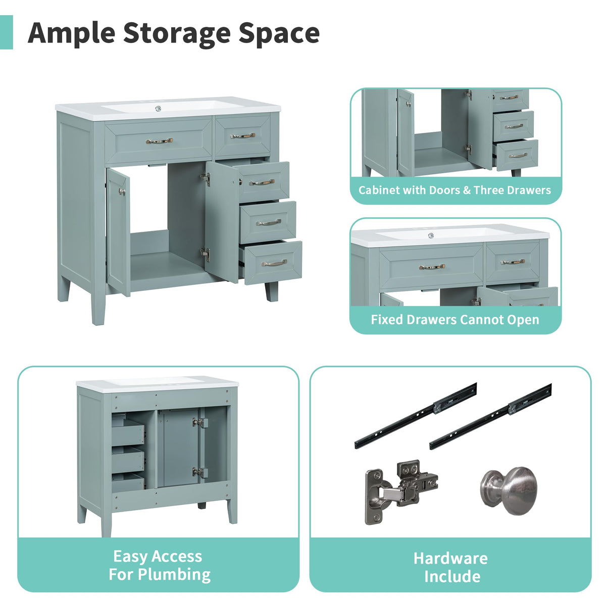 36 Inch Bathroom Vanities with Undermount Ceramic Sink, Storage Cabinet with Soft Closing Doors and Three Drawers, Solid Wood Frame, Natural Wood