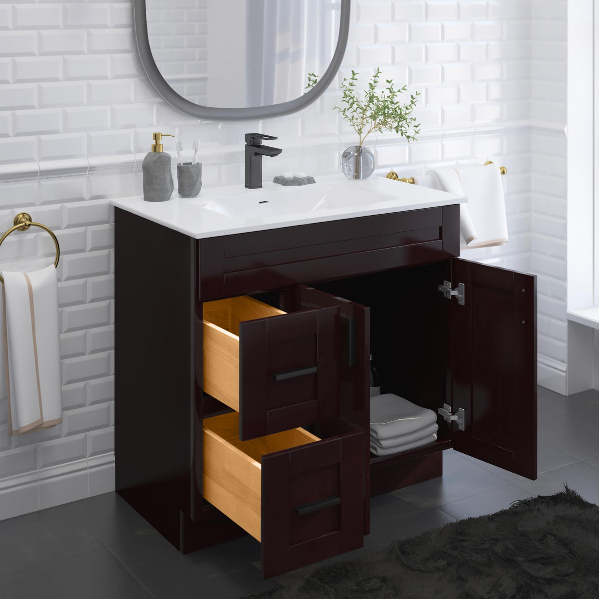 36" Maple Walnut Bathroom Vanity Base â Ready-to-Assemble Sink Cabinet with Drawers, Shaker Style Storage, Base Only, No Top or Sink