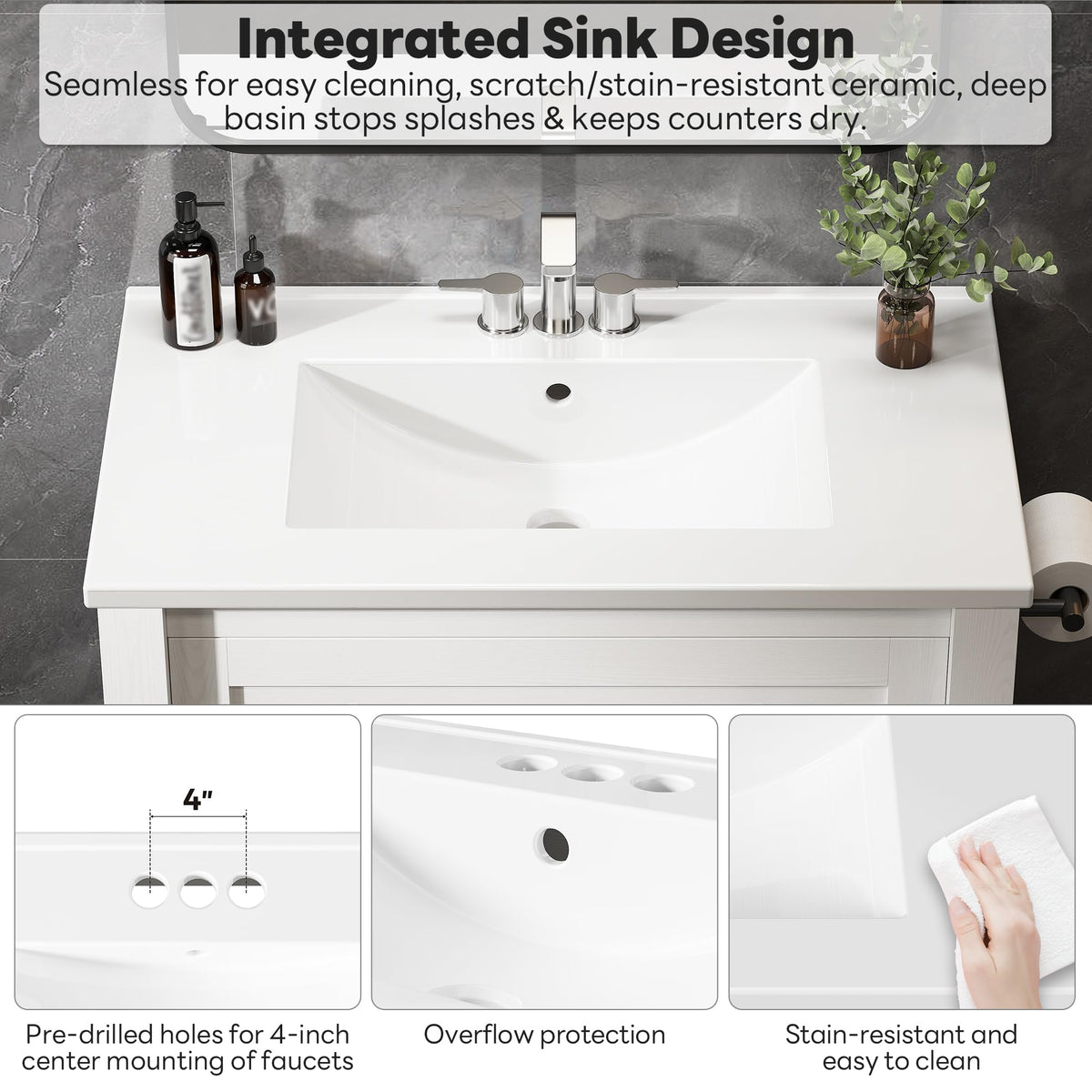 LIKIMIO 36 Inch Bathroom Vanity with Sink, Adjustable Solid Wood Legs