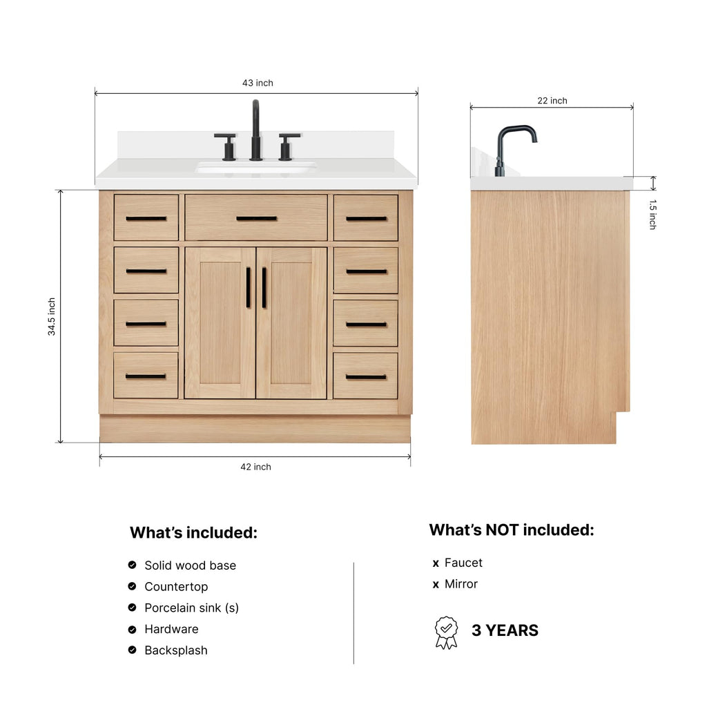 DKB Beckford 42-Inch White Bathroom Vanity with Sink, Solid Wood Base Cabinet, 1.5" White Quartz Countertop, Rectangular Sink, 2 Soft Closing Doors, 9 Drawers