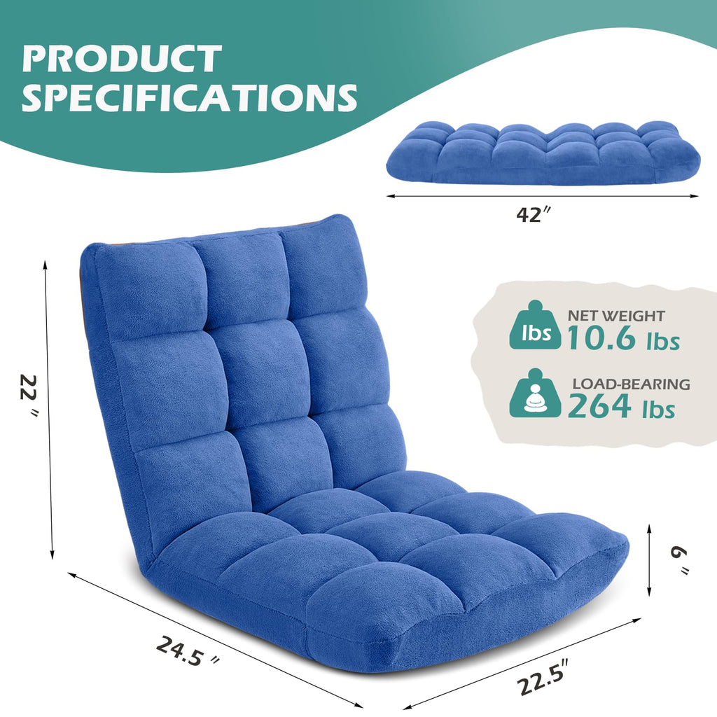 Folding Floor Gaming Chair 14-Poistion Cushioned Adjustable Floor Lazy Sofa Chair w/Breathable Cotton & Skin-Friendly Velvet for Adults & Kids Perfect for Reading Gaming Meditating, Darkblue