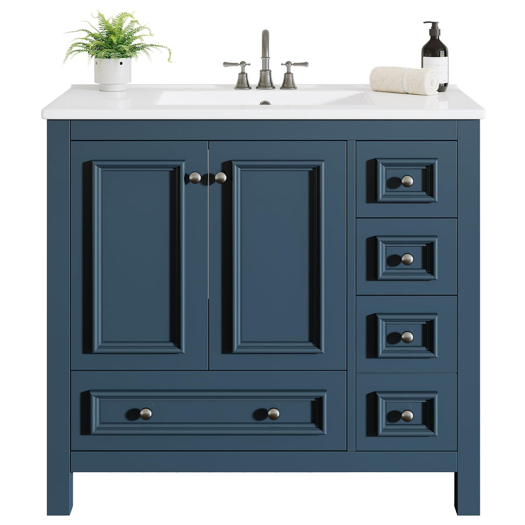Tribesigns 30" Bathroom Vanity with Sink, Freestanding Bathroom Vanities Cabinet with Ceramic Basin Combo, Bathroom Sink Cabinet with 2 Doors and 1 Drawer, Solid Wooden Frame (Navy Blue, 30 INCH)