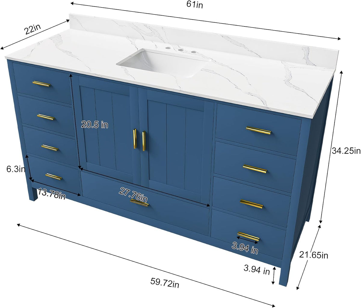 60" Bathroom Vanity Single Sink with 3 Hole, Sink Bathroom Vanity with Solid Wood Frame Storage,Soft Close Double Doors & 9 Sliding Drawers, with Gold Accents