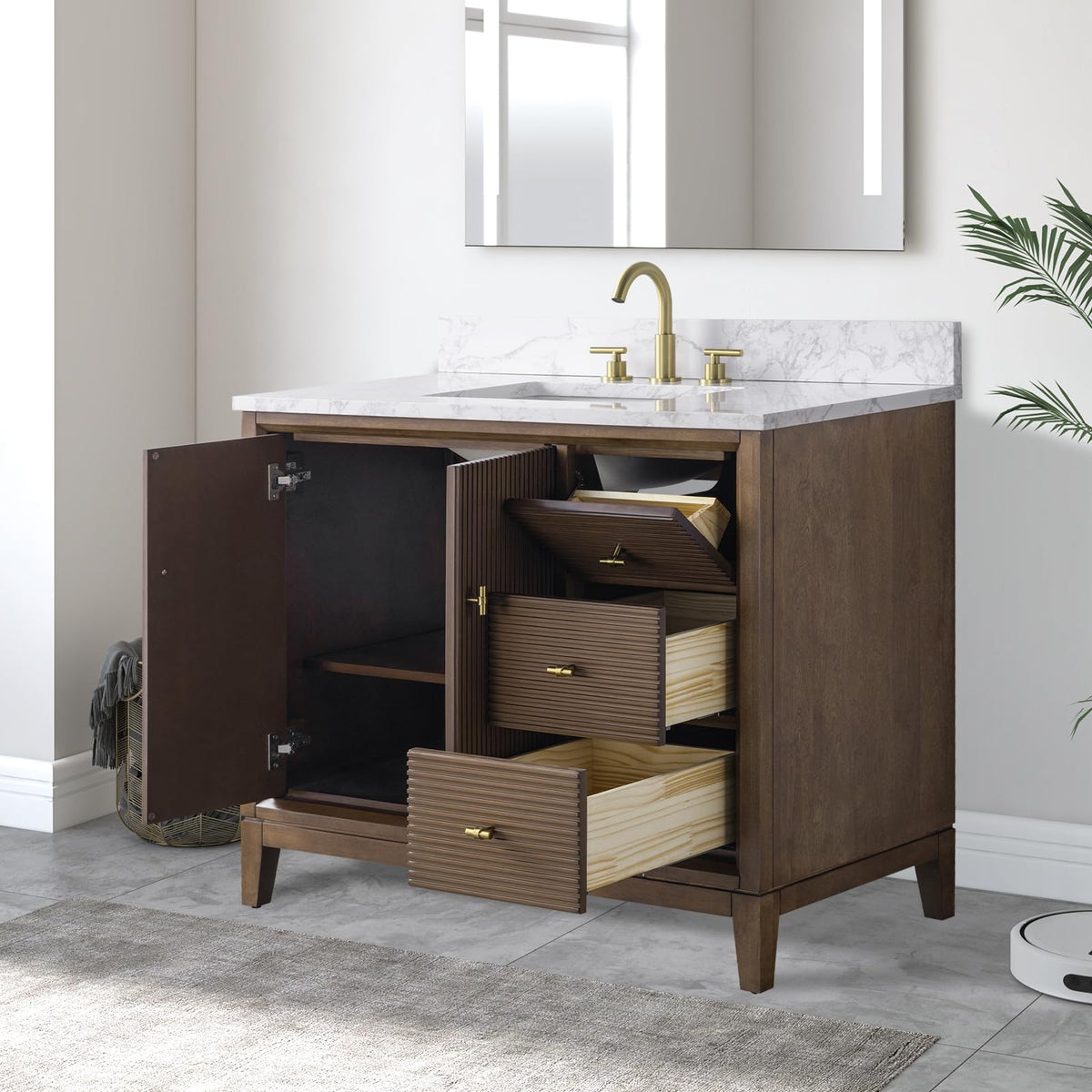 Vanity Art 72" Bathroom Vanity with Double Sink & Arabescato White Engineered Stone Top, Vanity Cabinet with Soft Closing Door, Solid Wood Frame, Golden Brushed Handles, Walnut VA8172D-Walnut-GB