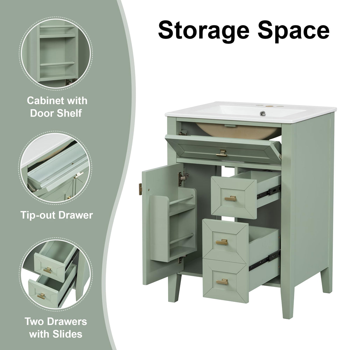 36 Inch Bathroom Vanities with Undermount Ceramic Sink, Storage Cabinet with Soft Closing Doors and Three Drawers, Solid Wood Frame, Natural Wood