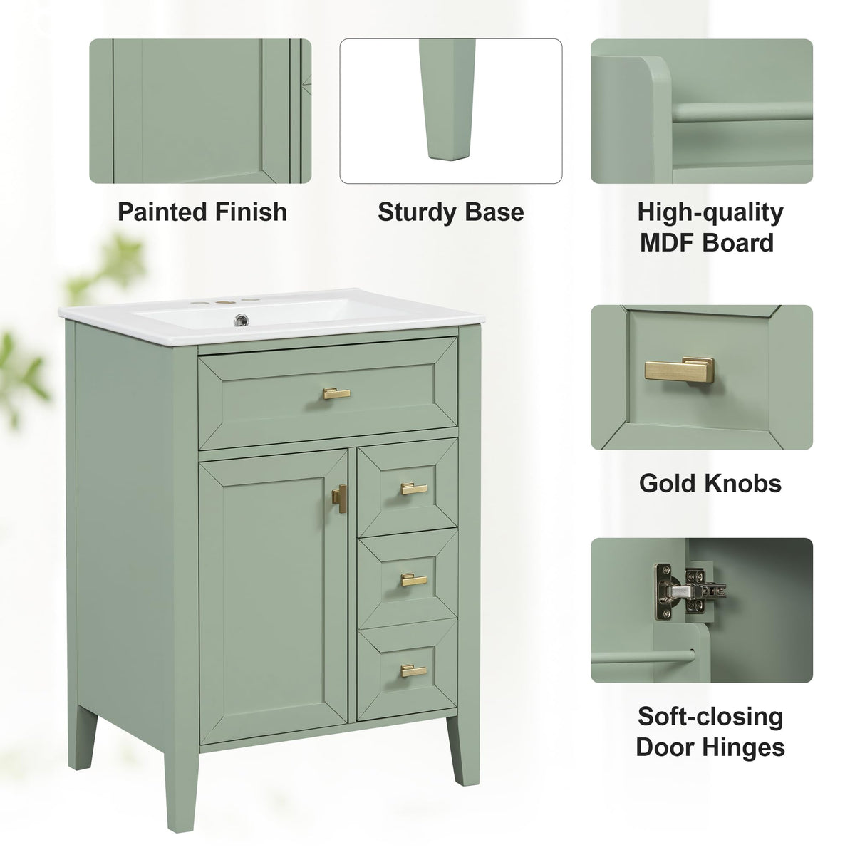 36 Inch Bathroom Vanities with Undermount Ceramic Sink, Storage Cabinet with Soft Closing Doors and Three Drawers, Solid Wood Frame, Natural Wood