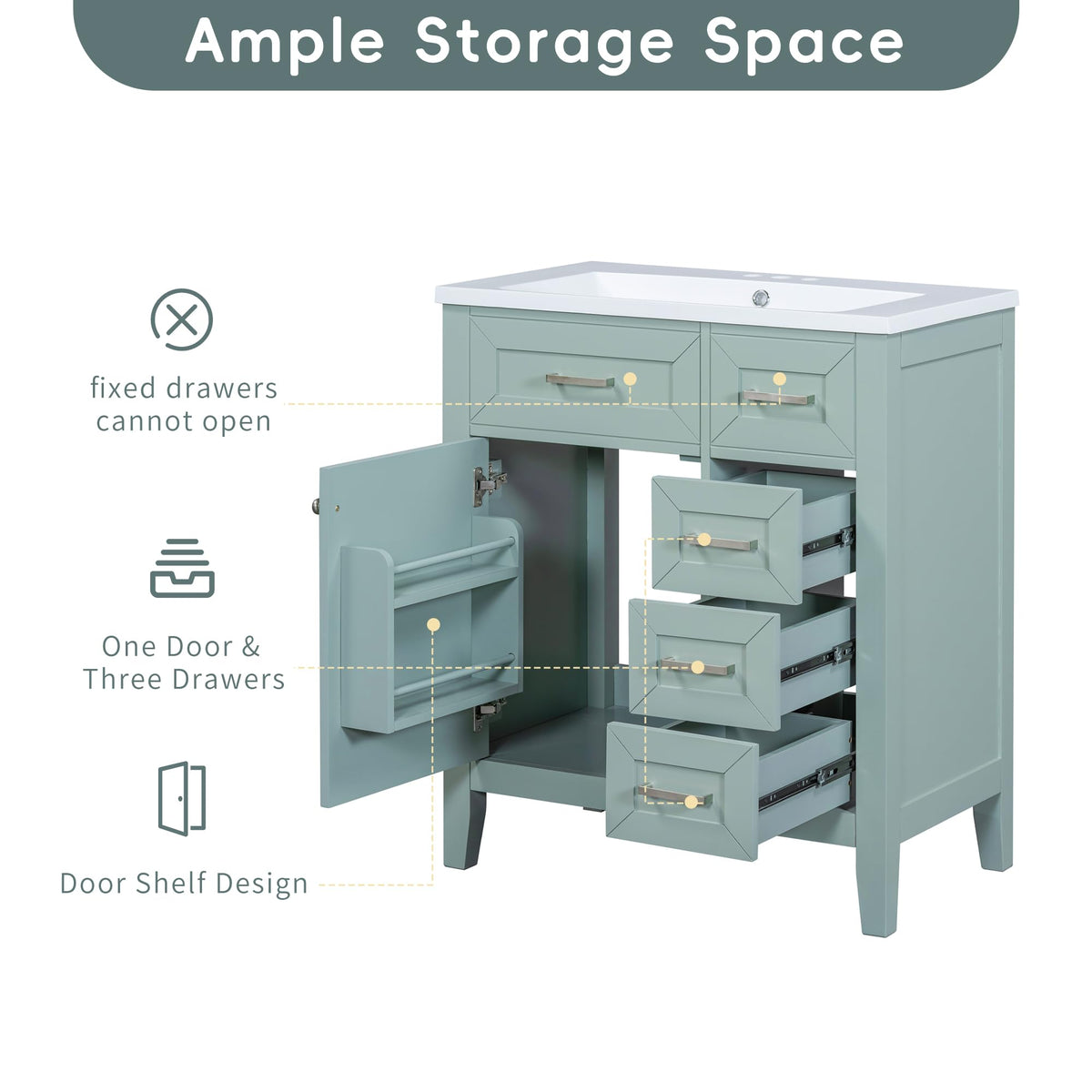 36 Inch Bathroom Vanities with Undermount Ceramic Sink, Storage Cabinet with Soft Closing Doors and Three Drawers, Solid Wood Frame, Natural Wood