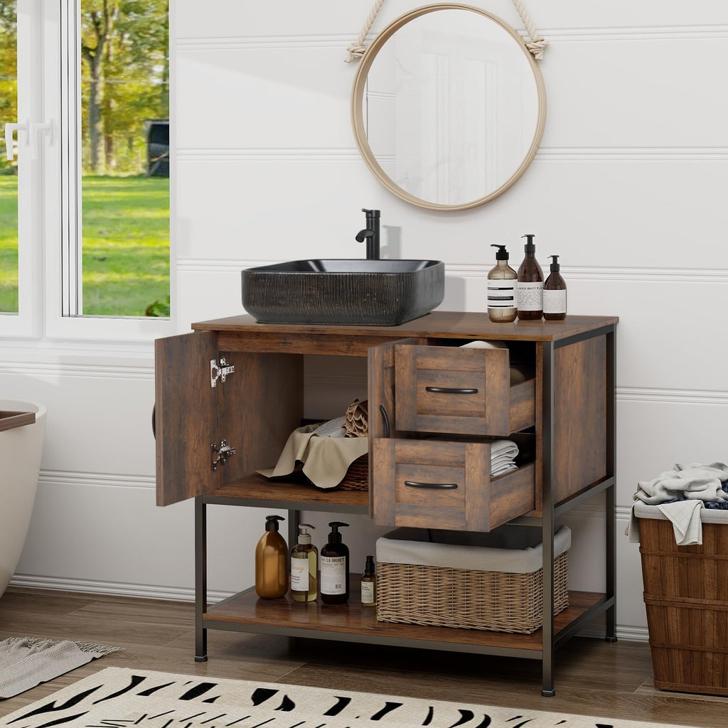 YOURLITE 36-Inch Farmhouse Bathroom Vanity with Vessel Sink, Rustic Brown
