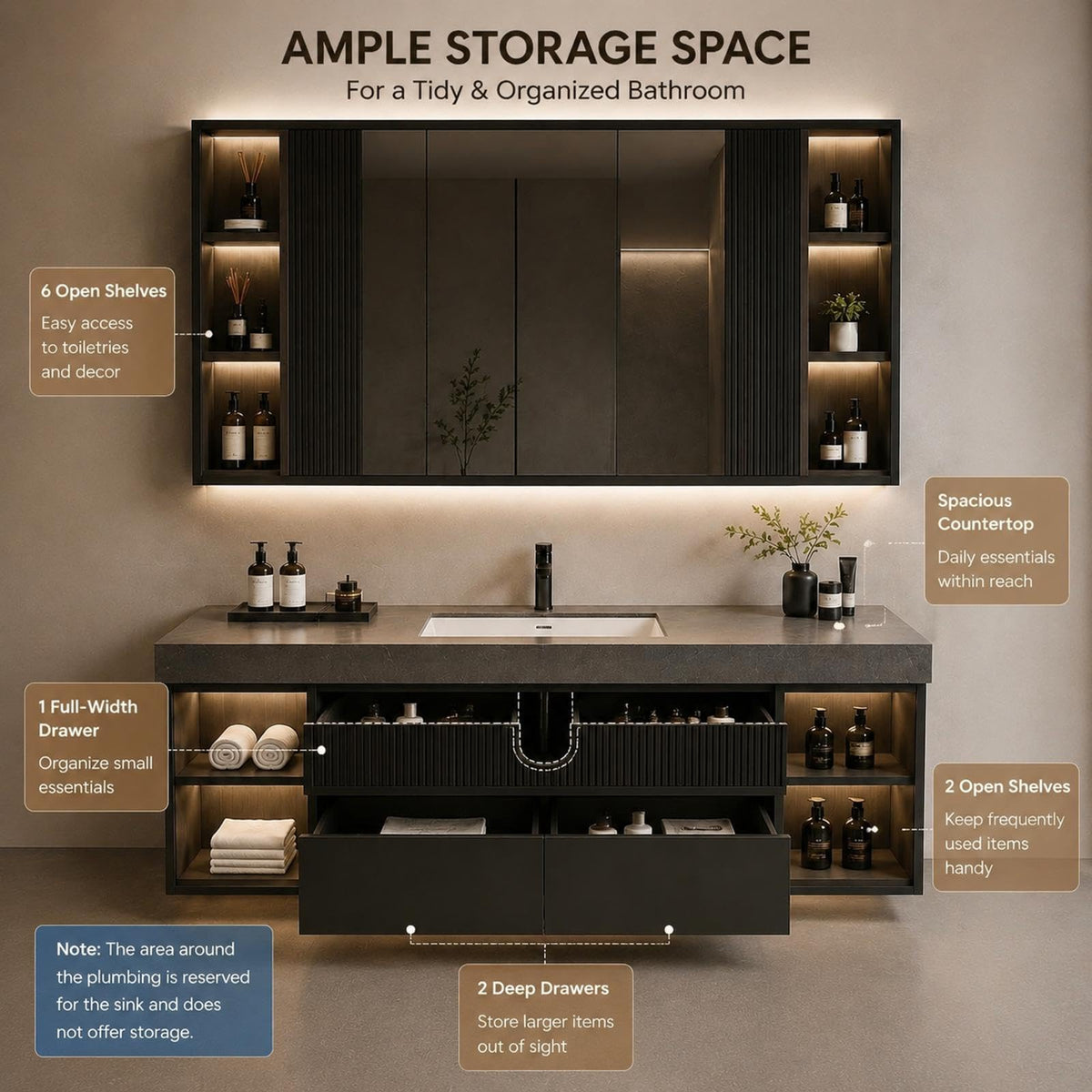 52 in Floating Single Sink Bathroom Vanity with LED Mirror