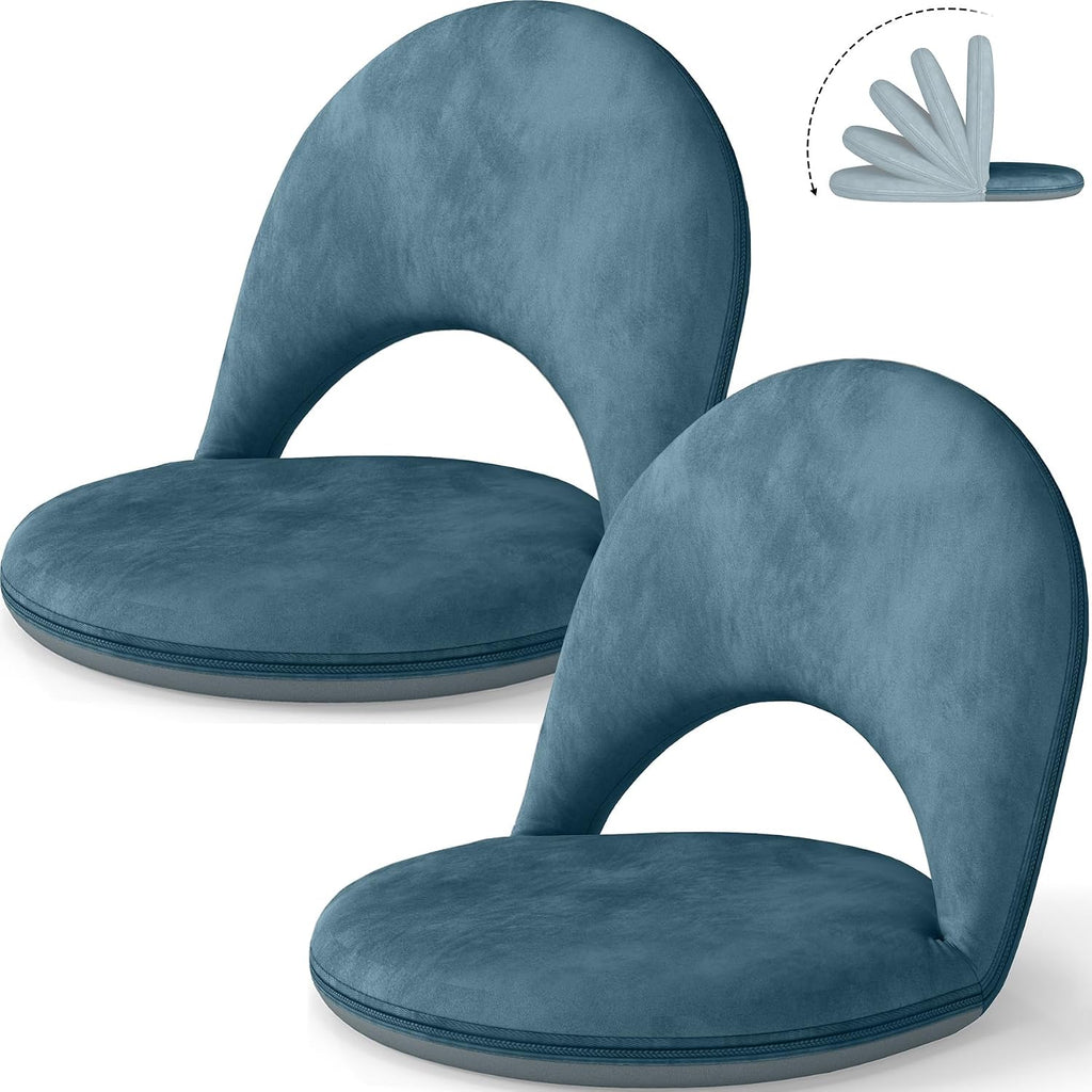2Pcs Folding Floor Chair with 5-Position Adjustable Back Support, Blue