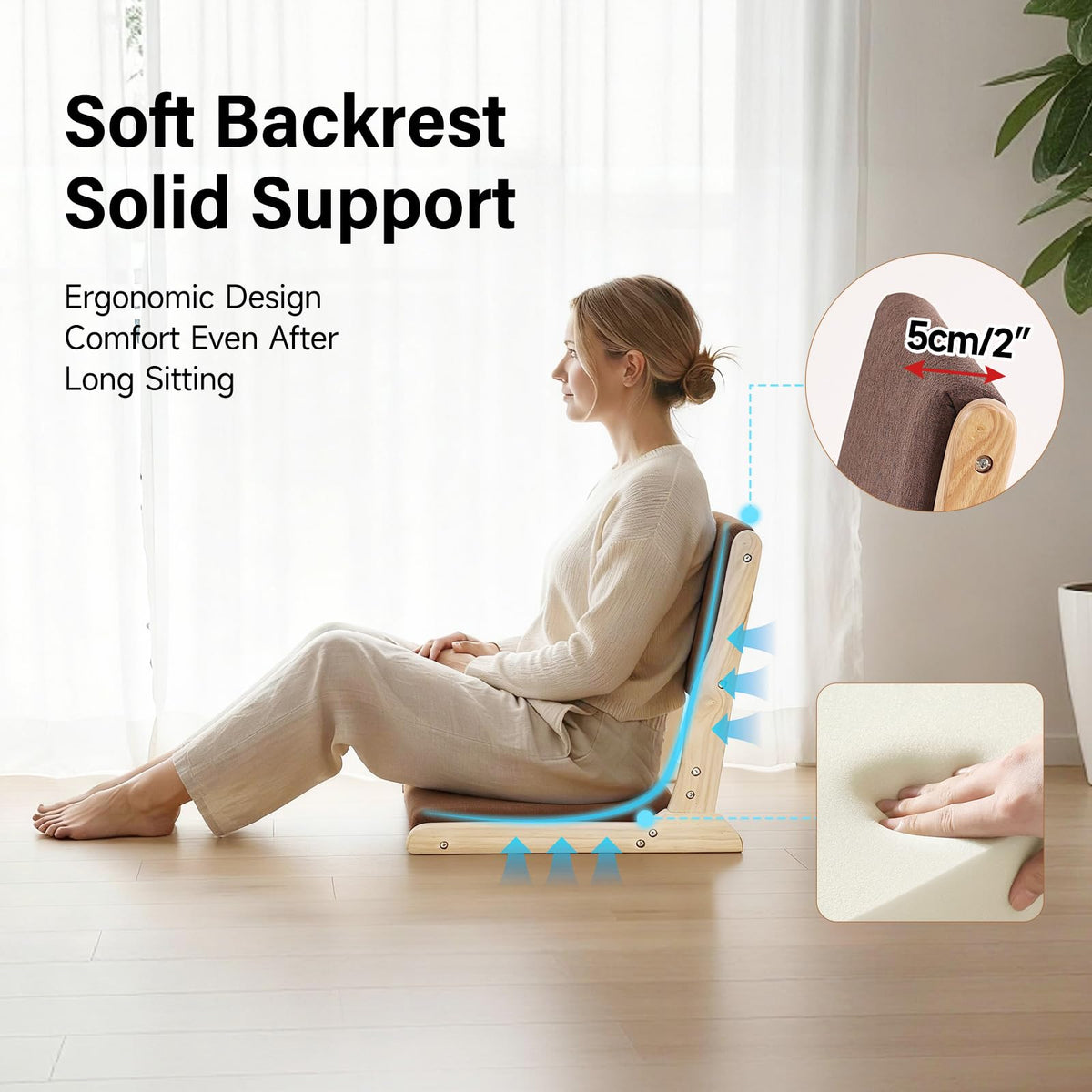 Tiita 2-Pack Foldable Meditation Floor Chairs with Back Support, Wood Grey