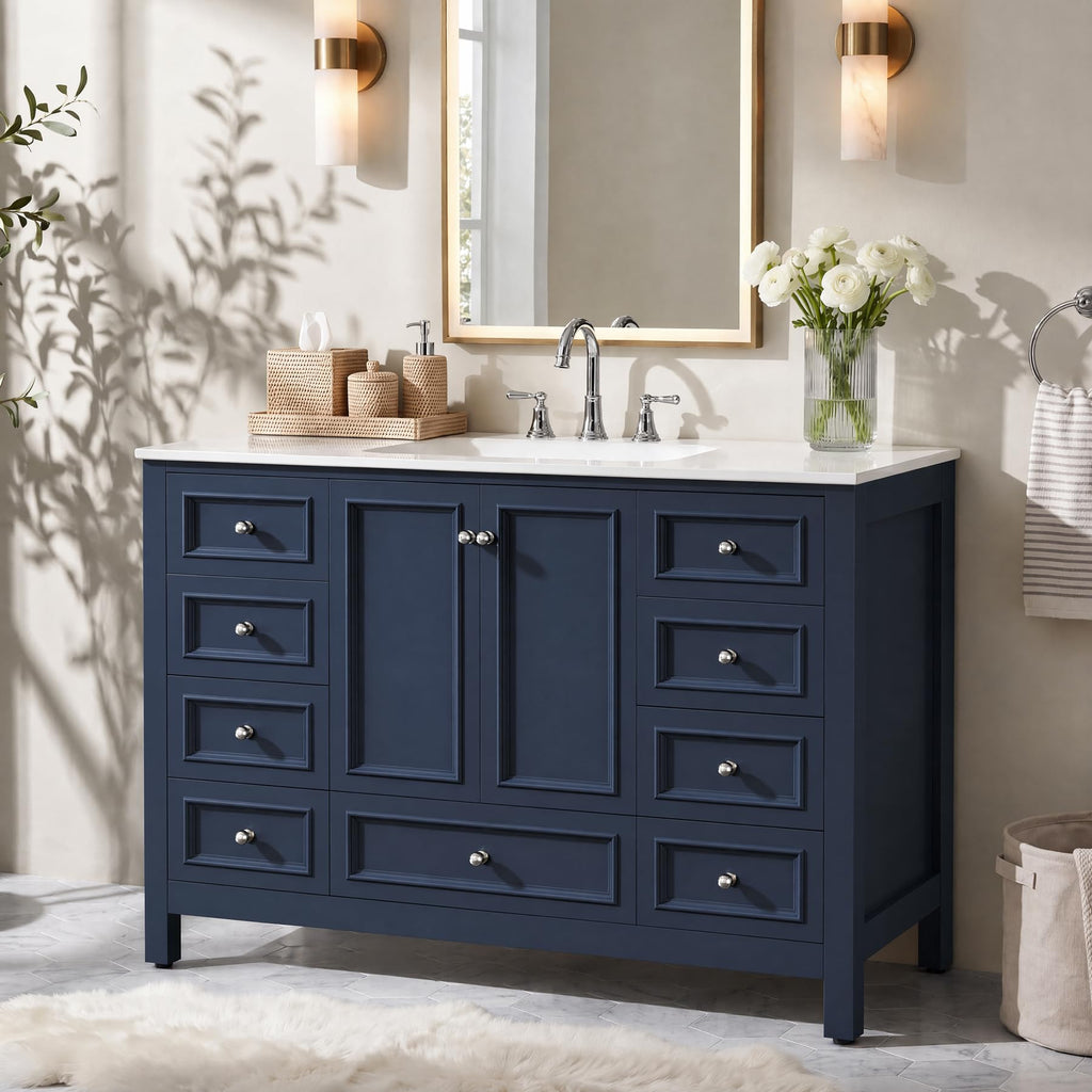 Tribesigns 30" Bathroom Vanity with Sink, Freestanding Bathroom Vanities Cabinet with Ceramic Basin Combo, Bathroom Sink Cabinet with 2 Doors and 1 Drawer, Solid Wooden Frame (Navy Blue, 30 INCH)