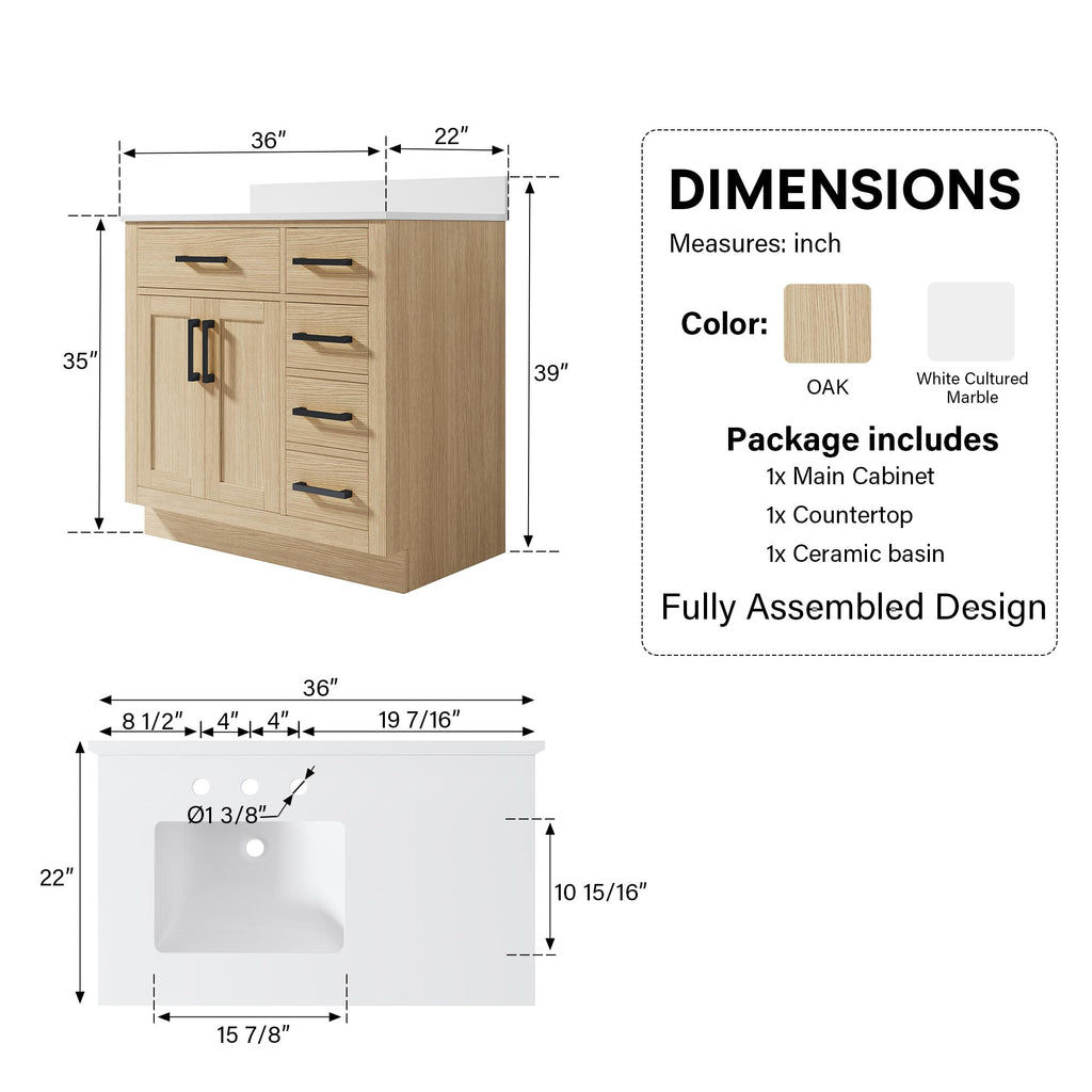 WELLFOR 36-Inch Bathroom Vanity with Sink W/ 2 Doors & 4 Drawers & 1 Flip Drawer,Navy Blue Vanity W/Matte Black Handles