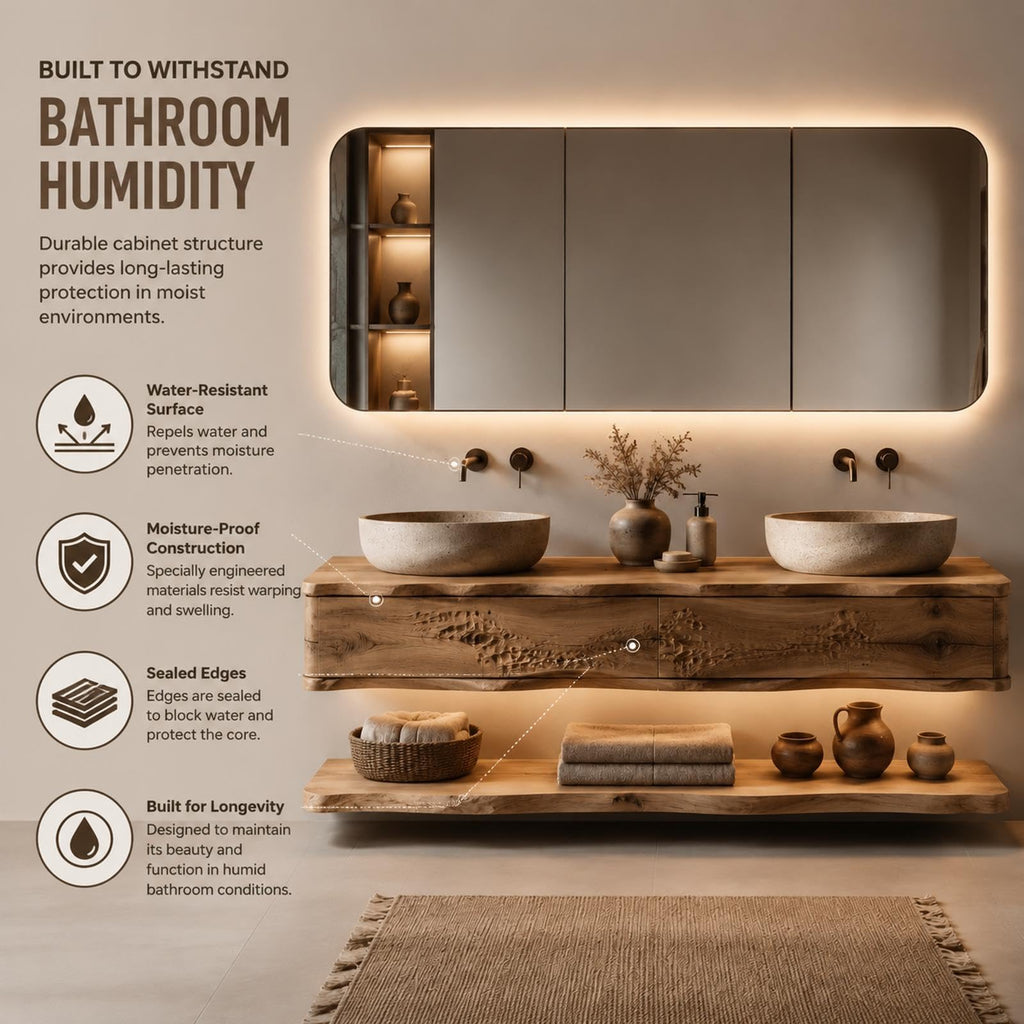 52 in Floating Double Bathroom Vanity with Vessel Sinks & LED Mirror Cabinet