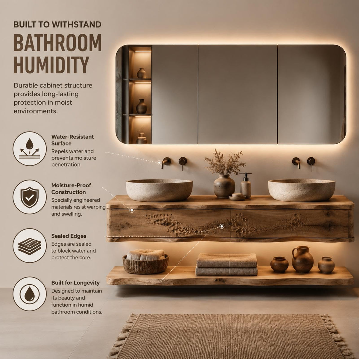 52 in Floating Double Bathroom Vanity with Vessel Sinks & LED Mirror Cabinet