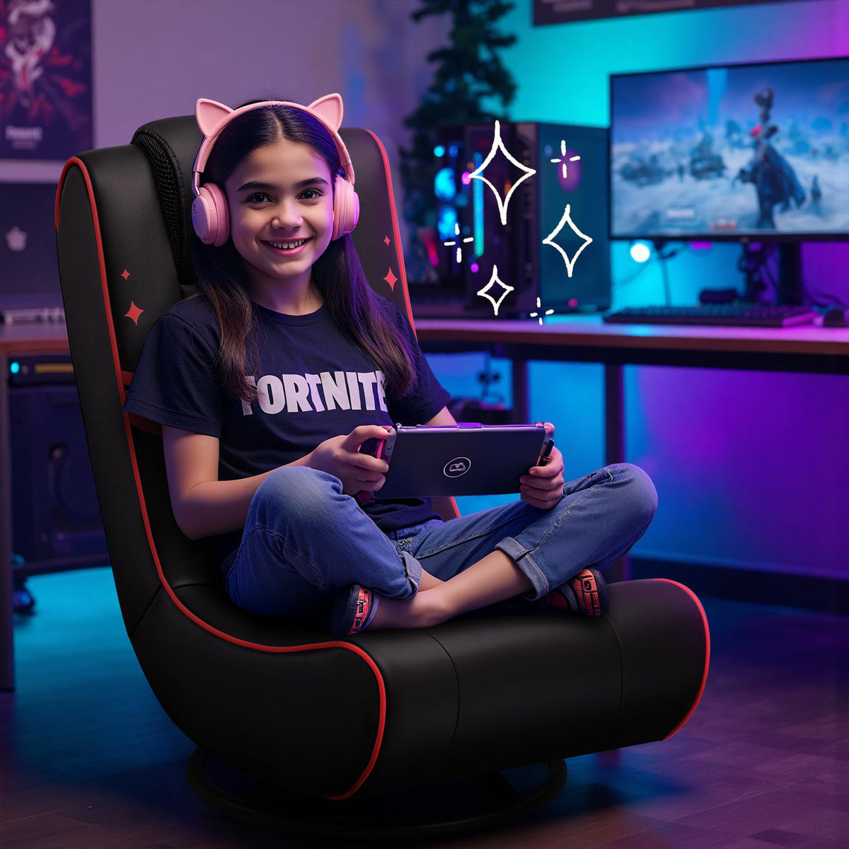 GTPLAYER Floor Gaming Chair Foldable Swivel Floor Chairs for Kids Boys Comfy Video Game Seat with 360Â° Multipurpose for Gamers, Bedroom or Game Room(Black-Blue)