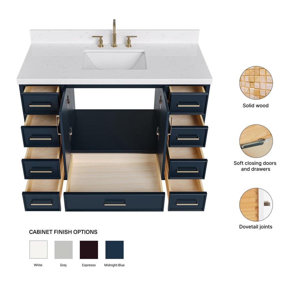 DKB Emilia 48-Inch Bathroom Vanity with Sink â Midnight Blue Single Sink Bathroom Vanity, 1.5" Edge Carrara Quartz Countertop, Solid Wood, 2 Soft Closing Doors, 9 Dovetail Drawers
