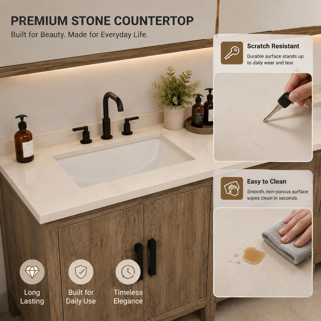 70 in Double Bathroom Vanity with Sinks - Modern Freestanding Bathroom Vanity with Solid Wood Construction | Anti-Fog Mirror | Integrated Stone Sink | Ready-to-Use Design