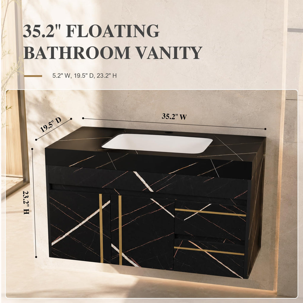 36 Inch Bathroom Vanity with Sink, Black Floating Wall Mounted Vanity