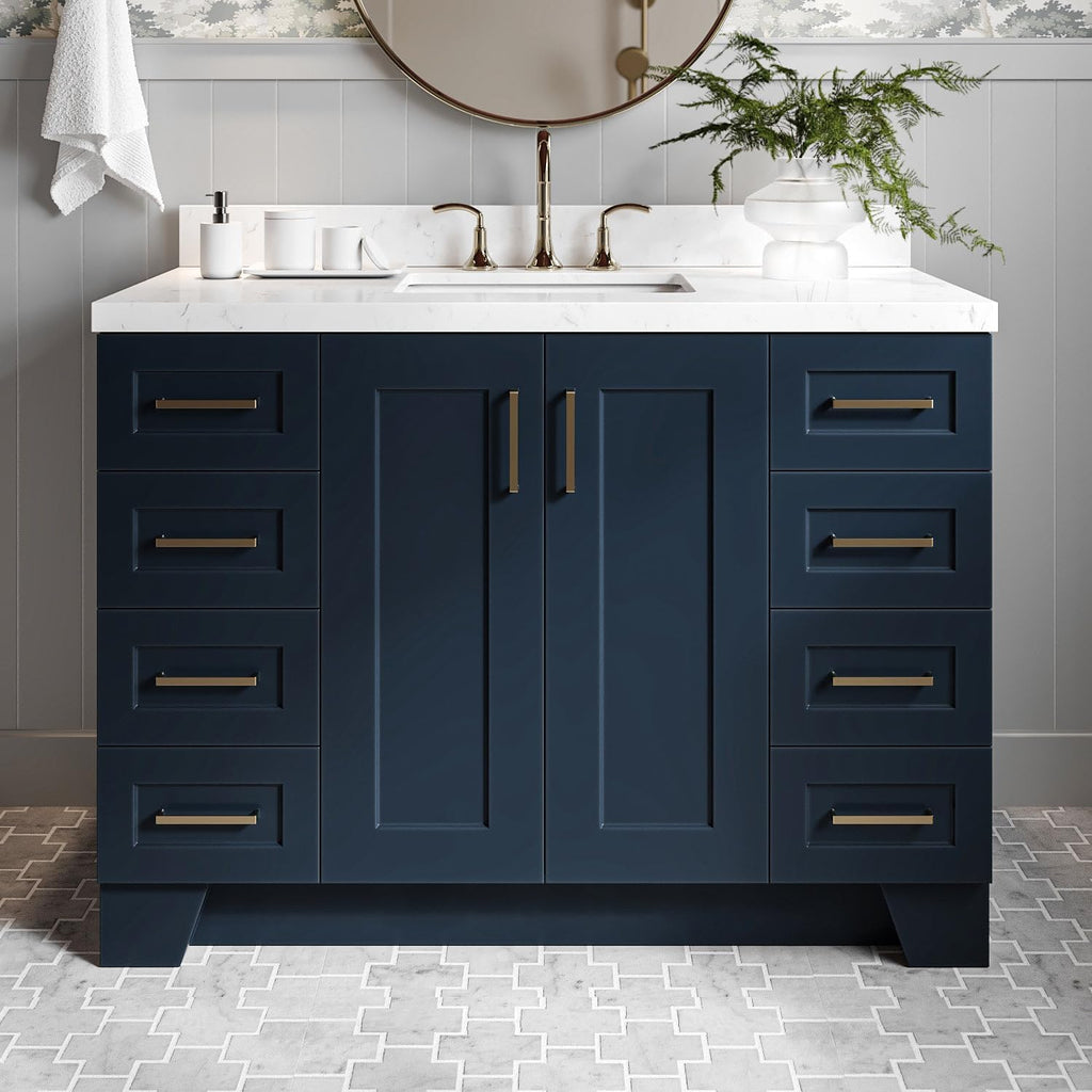 DKB Emilia 48-Inch Bathroom Vanity with Sink â Midnight Blue Single Sink Bathroom Vanity, 1.5" Edge Carrara Quartz Countertop, Solid Wood, 2 Soft Closing Doors, 9 Dovetail Drawers