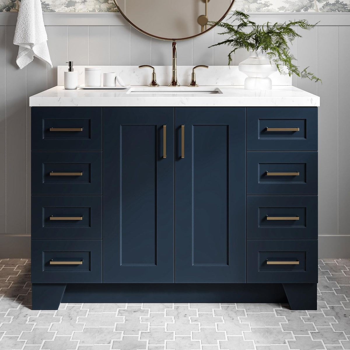 DKB Emilia 48-Inch Bathroom Vanity with Sink â Midnight Blue Single Sink Bathroom Vanity, 1.5" Edge Carrara Quartz Countertop, Solid Wood, 2 Soft Closing Doors, 9 Dovetail Drawers