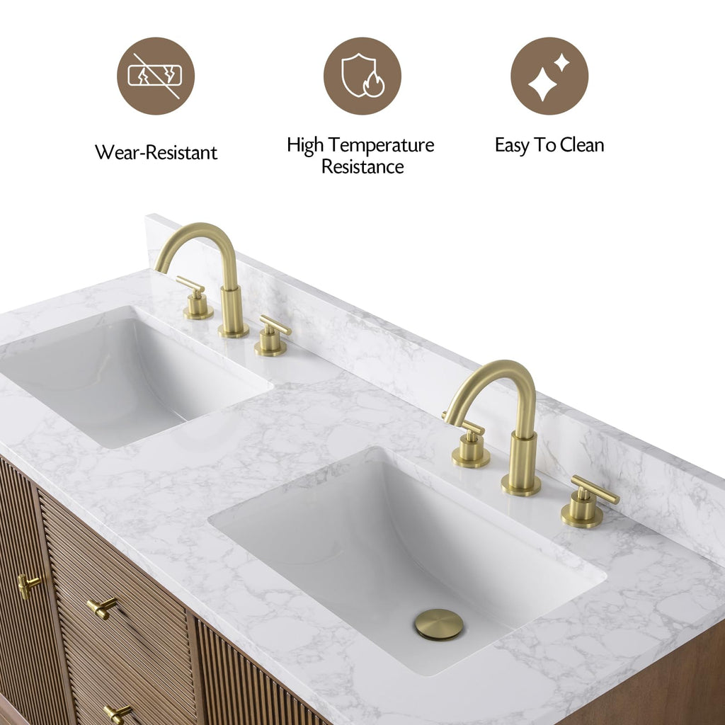 Vanity Art 72" Bathroom Vanity with Double Sink & Arabescato White Engineered Stone Top, Vanity Cabinet with Soft Closing Door, Solid Wood Frame, Golden Brushed Handles, Walnut VA8172D-Walnut-GB