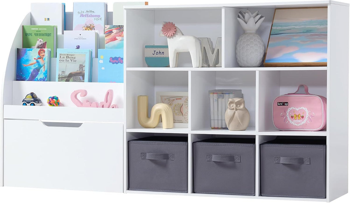 Fatmok Kids Bookshelf and Toy Storage, 2 Pack 58.5ââ Toy Organizer with Movable Chests & 3 Storage Bins, Large Kids Reading Nook with 5 Cubbies for Playroom, Bedroom, Nursery, White