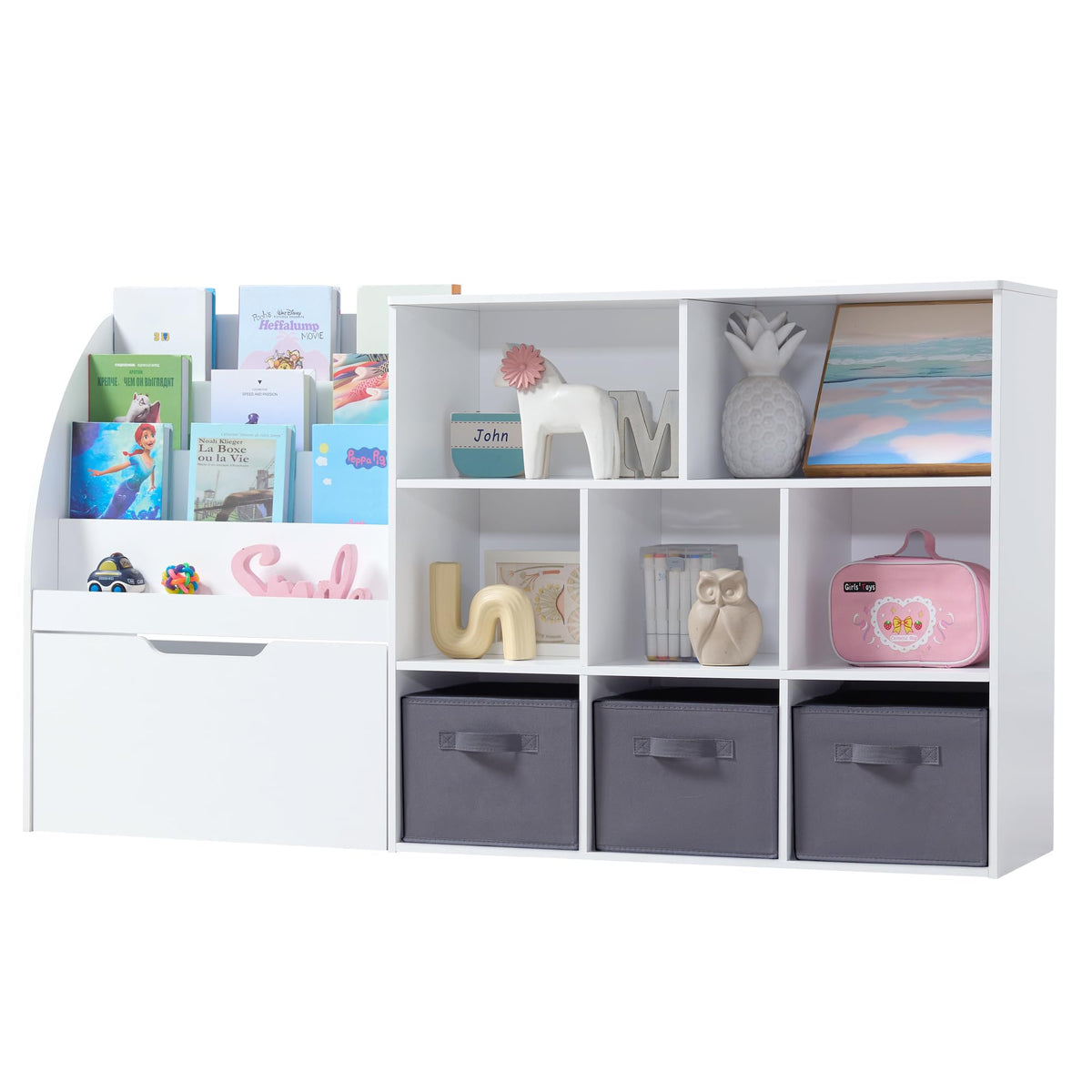 Fatmok Kids Bookshelf and Toy Storage, 2 Pack 58.5ââ Toy Organizer with Movable Chests & 3 Storage Bins, Large Kids Reading Nook with 5 Cubbies for Playroom, Bedroom, Nursery, White