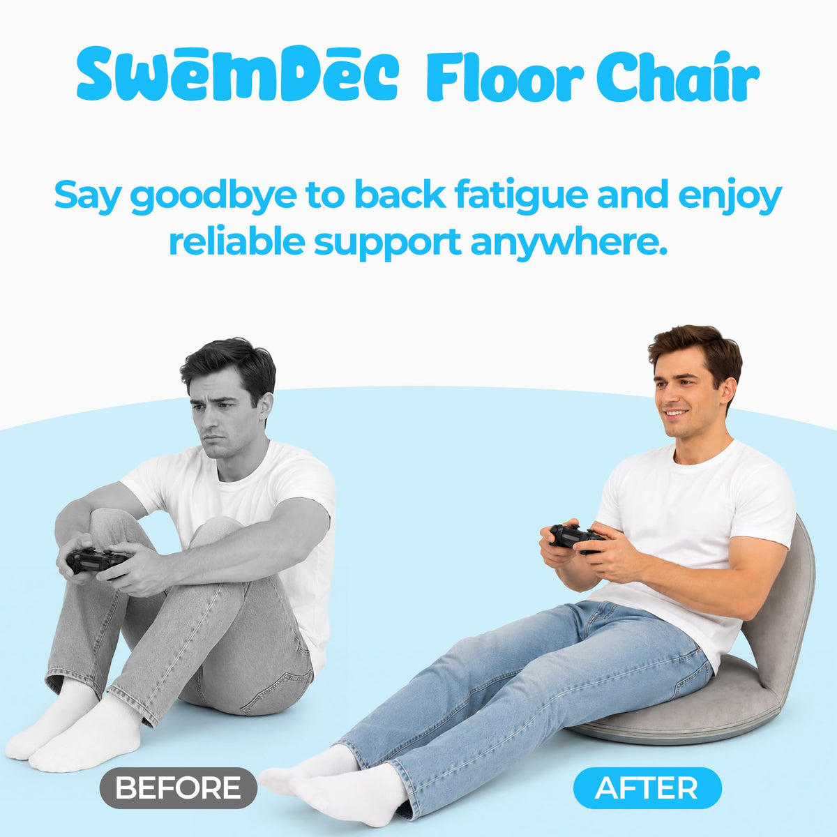 2Pcs Folding Floor Chair with 5-Position Adjustable Back Support, Blue