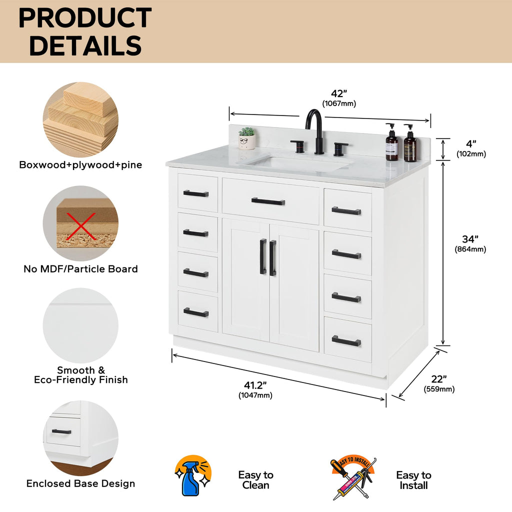 48-inch Dark Walnut Bathroom Vanity with Sink, Solid Wood, 0.79-inch Stone Countertop and Backsplash, 9 Drawers, 2 Soft Closing Doors
